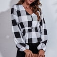 thumbnail image 4 of Imprimir V cuello WRAP Top linterna manga larga ruffle hem mujeres floral impresión abrigo blusa para mujer blanco y negro grande Checker M, 4 of 6