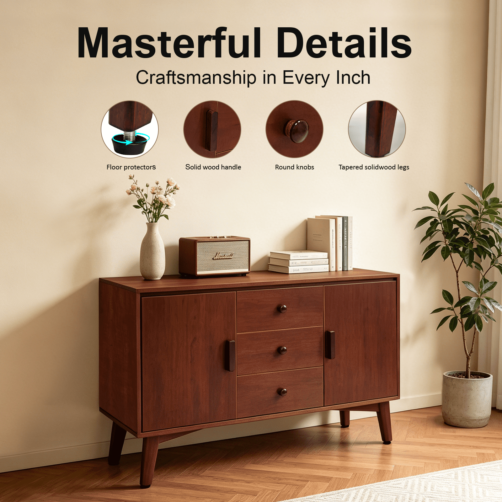 47.3" Sideboard Buffet Cabinet, Kitchen Buffet Cabinet with Solid Wood Frame Legs & Wooden Handle, Storage Cabinet with 2 Doors and 3 Drawers for Kitchen,Dining,Living Room, Walnut