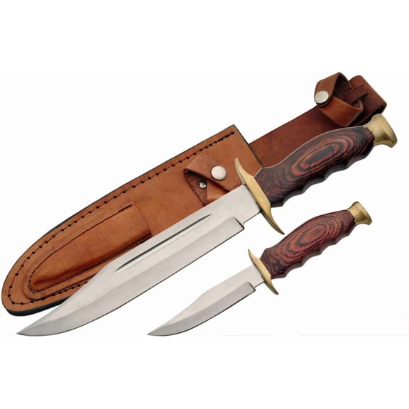 SZCO 2 Piece Fixed Blade Hunting Knife Set 8 Inch and 14 Inch Brown Wood Handle with Leather Sheath Outdoor Camping Utility Knife Combo