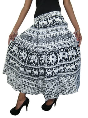 Mogul Women's Black White Animals Print Cotton Long Skirts