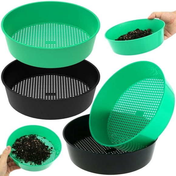 AMERTEER 4 Pcs Soil Sifter Reusable Rock Sifter Pan Plastic Garden Mesh Sieve Round Portable Easy to Use for Soil Sifter