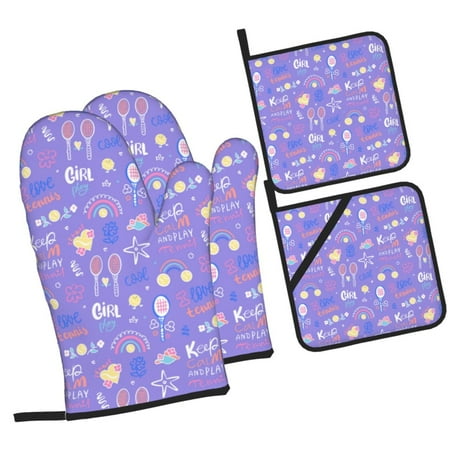 

Honeii Tennis 1 Pattern Oven Mitts and Pot Holders Silicone Oven Gloves 500 F Heat Resistant Oven Mitts Sets 4PCS