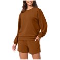thumbnail image 2 of The Big Save of The Day kttectoa Outfits for Women Womens Athleisure Clothing Trendy Casual Outfits Lounge Sets Solid Long Sleeve Round Neck Pullover Tops and Shorts Two Piece Outfits for Women, 2 of 7