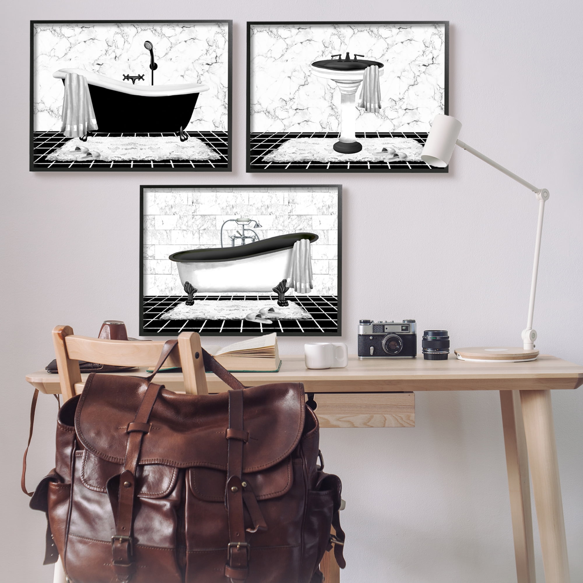 Stupell Industries Modern Marble Bathroom Typography Painting Black Framed Art Print Wall Art, 30 x 24, Set of 3