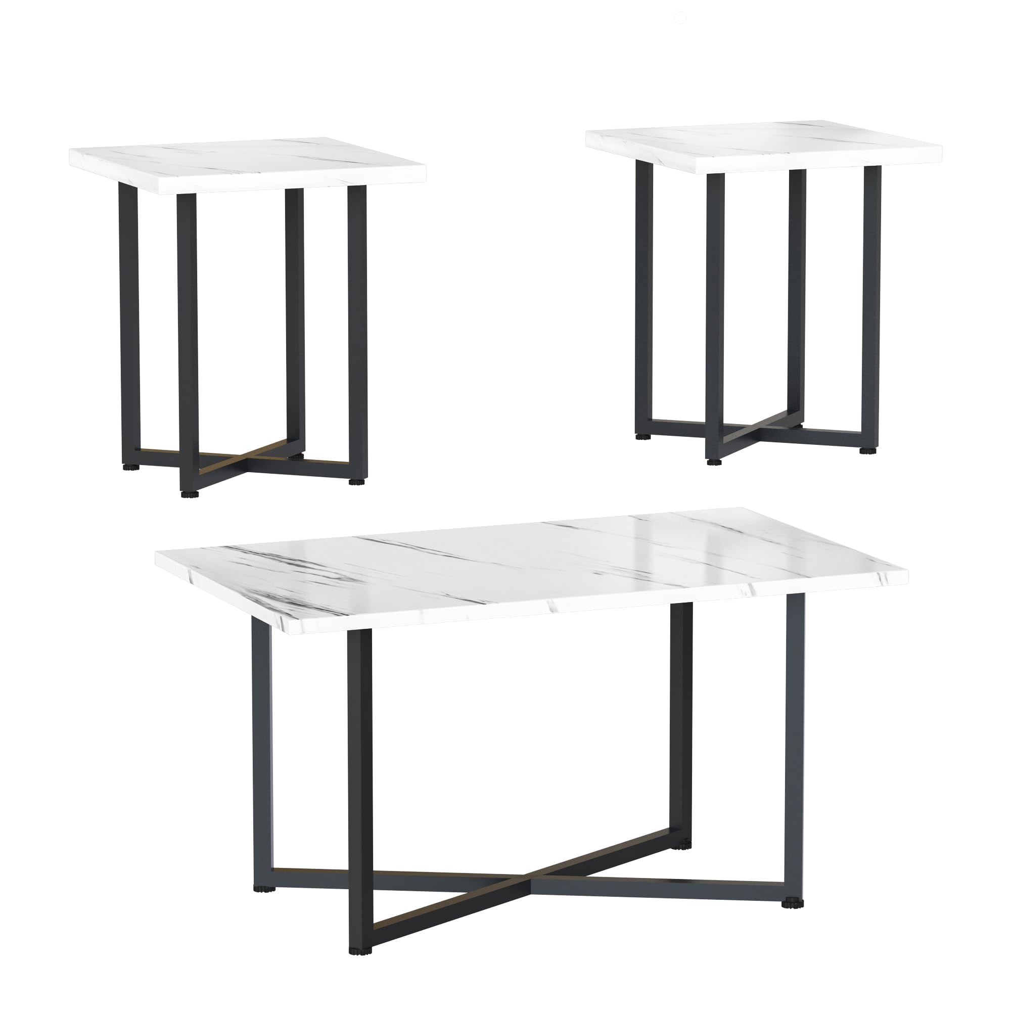 Cvortll Coffee Table Sets 3-Pieces, Modern Faux Marble Coffee Table with 2 Square End Side Tables, Large Sturdy Coffee Table Set for Living Room, White