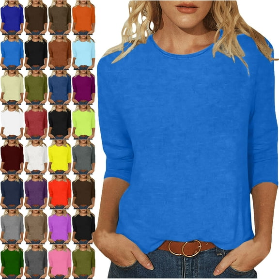 Maoxin Trendy Tops for Women 2025 Women's Fashion Solid T Shirt Mid Length 3/4 Sleeves Blouse Round Neck Casual Tops Blouses for Women Blue L