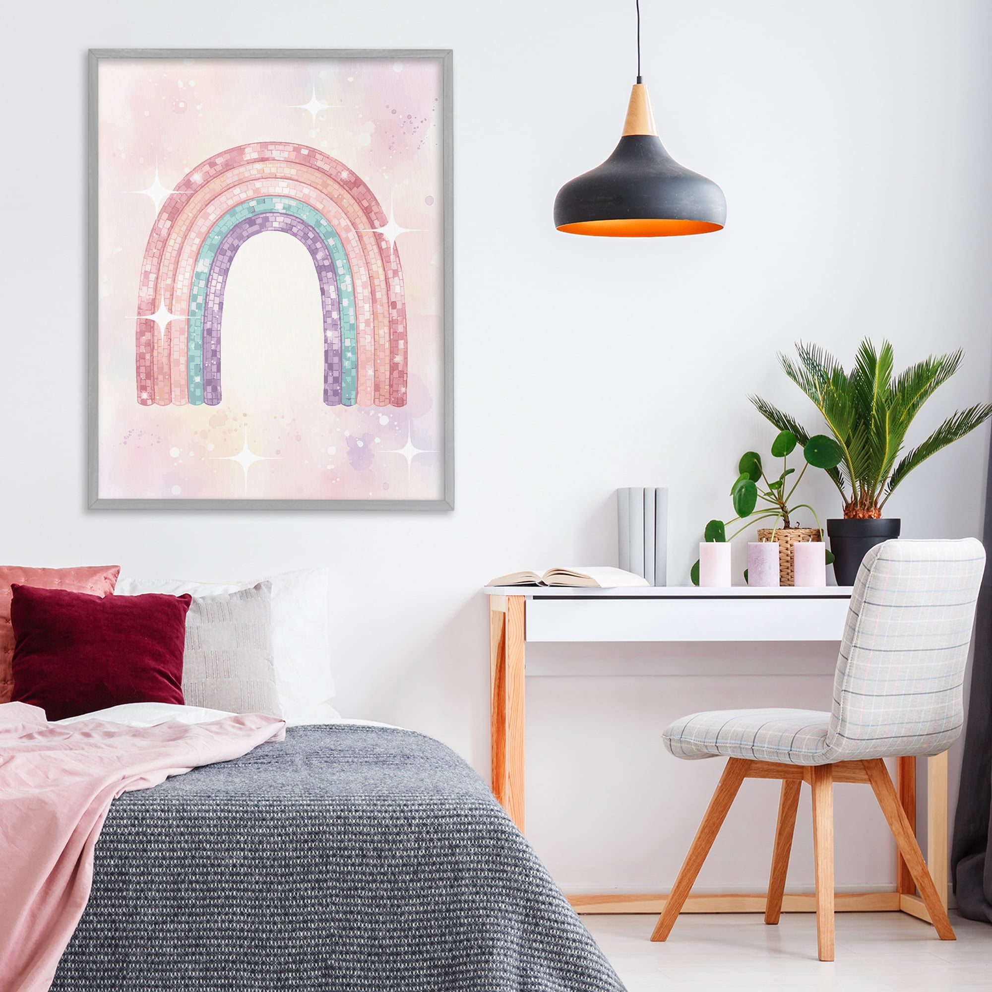 Stupell Industries Pastel Disco Rainbow Sparkles Gray Framed Giclee Art, design by Lil' Rue