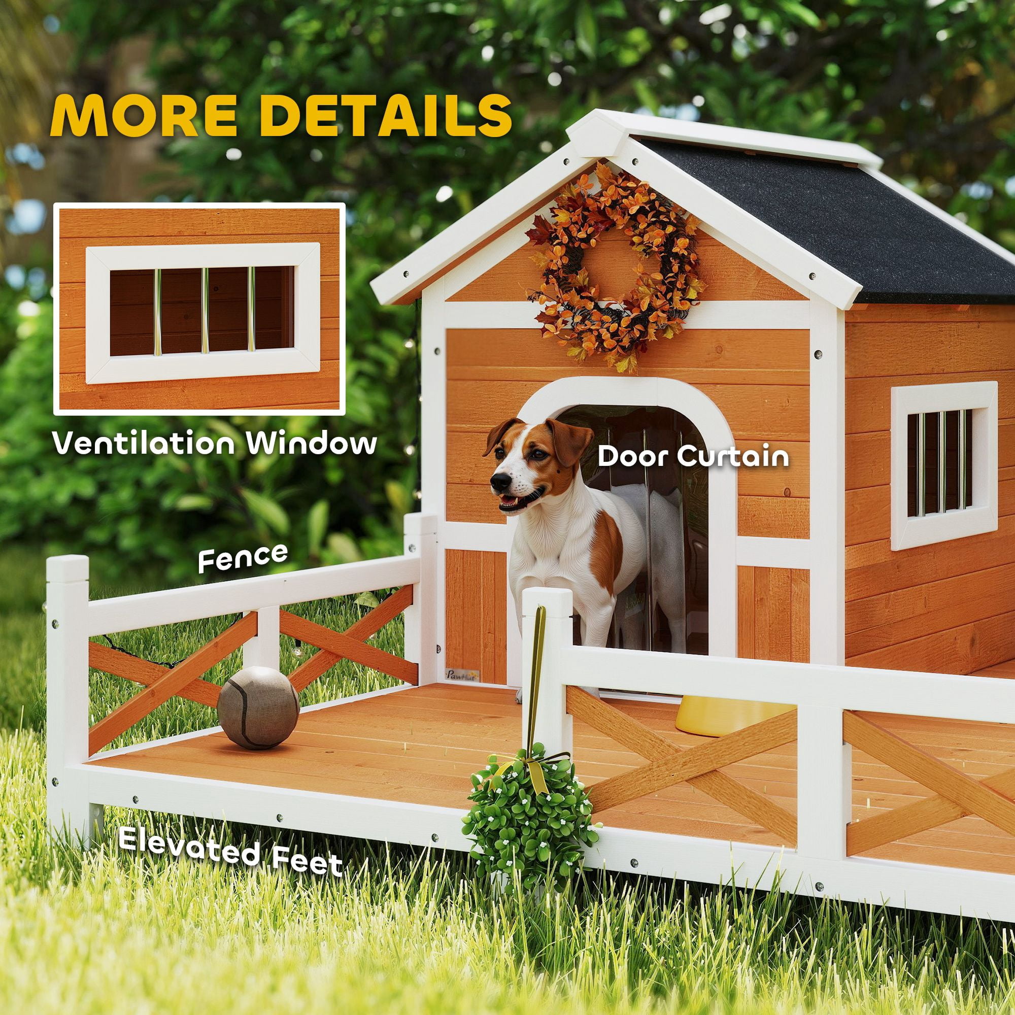 Dranite Outdoor Wooden Dog House with Porch, Weatherproof, Openable Roof, Elevated Base & Removable Floor