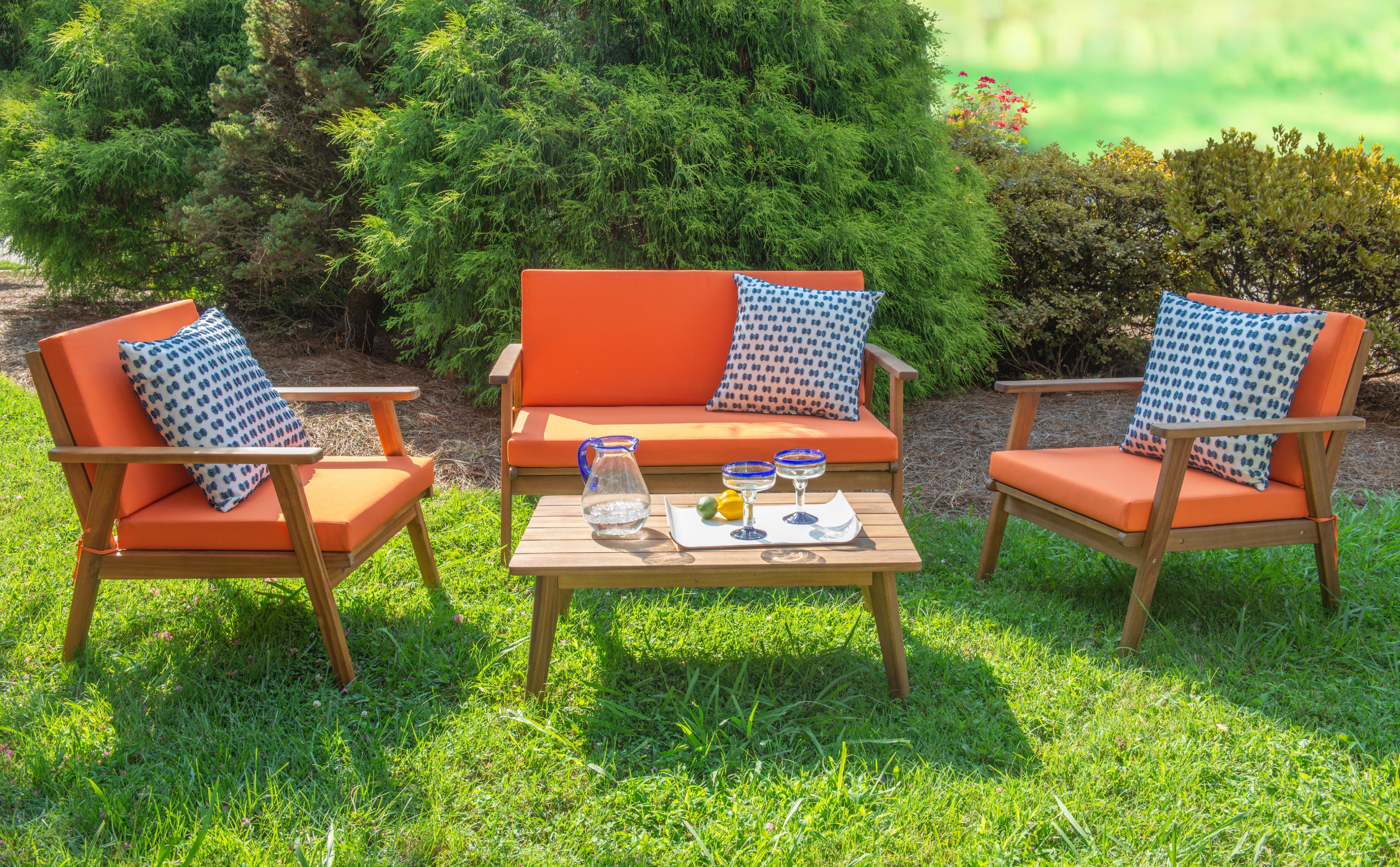 Linon Lathan 4-Piece Acacia Outdoor Conversation Set with Coffee Table, Loveseat & Chairs, Acorn/Orange