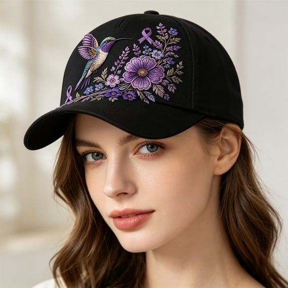Purple Floral Hummingbird Print Awareness Hat | Unisex, Purple Ribbon Design, Pansy Floral Print, Awareness Support, Baseball Cap Style, B