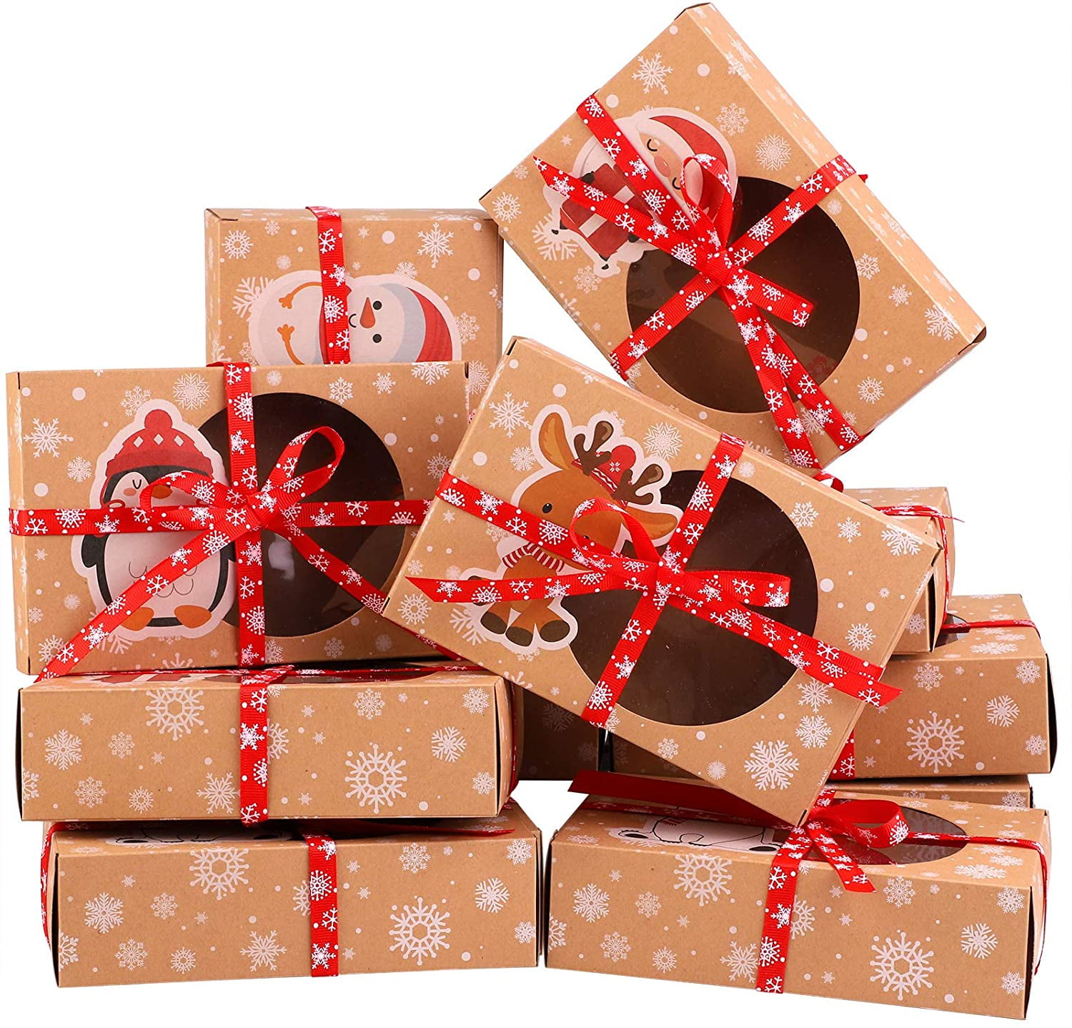 12 Sheets Oil Absorbing Tissues and 12 Rolls Red Ribbons for Christmas Party Favors 12 Pieces Large Christmas Candy Cookie Boxes Kraft Paper Treat Boxes with Clear Window 