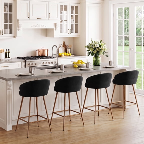 Andeworld Barstools Set of 4,26 Inch Counter Height Velvet Barstools with Back and Metal Legs, Bar Chairs for Kitchen lsland, Walnut Black