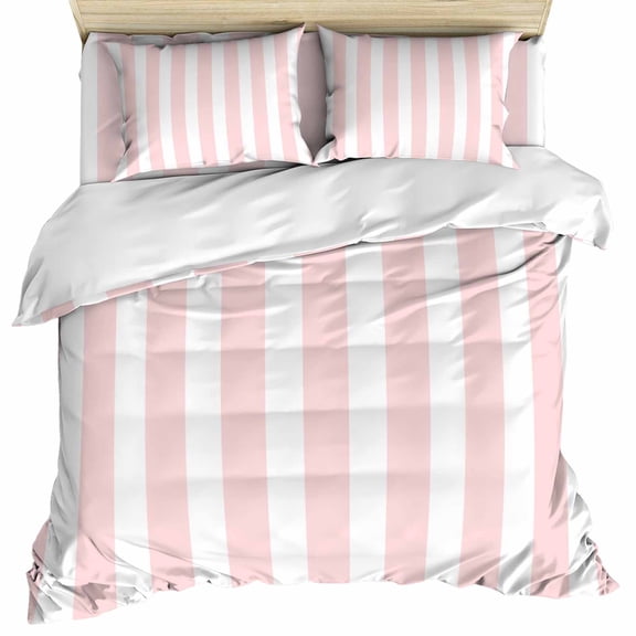 Pink Striped Duvet Cover Set, Modern Farmhouse Pink White Stripes Soft Duvet Cover California King Bedding Set 4 Pieces, 1 Quiltcover and 2 Pillowcases with Zipper, 1 Bed Sheet for All Seasons