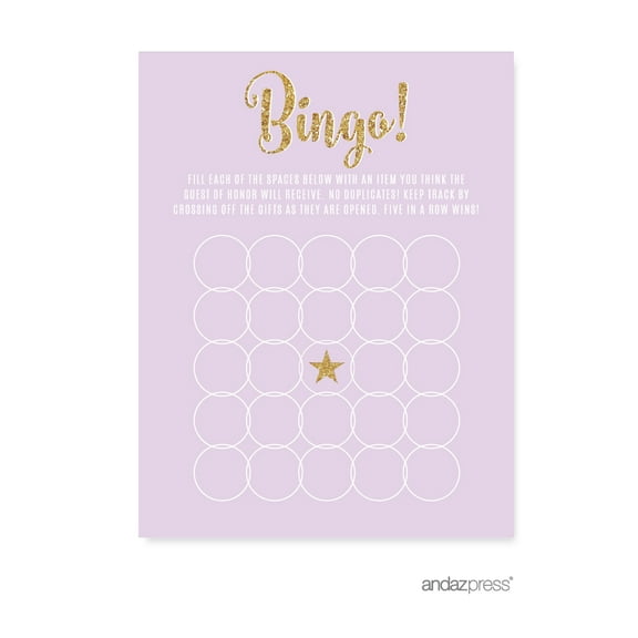 Koyal Wholesale Lavender Gold Glitter Bingo Party Game Cards, 20-Pack