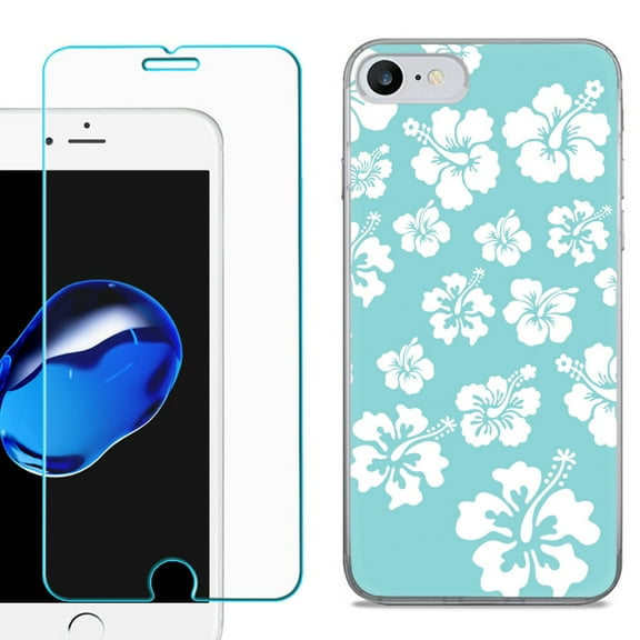 For Apple iPhone SE 2020 Case, Slim-Fit TPU Phone Case, with Tempered Glass Screen Protector, by OneToughShield ® - Hibiscus Teal