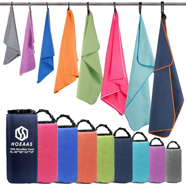 Hoeaas Paquete de 2 toallas de microfibra para acampar, toalla de secado rápido, toalla de viaje súper absorbente, ultracompacta, toalla deportiva suave y ligera para el sudor, toallas de secado rápid