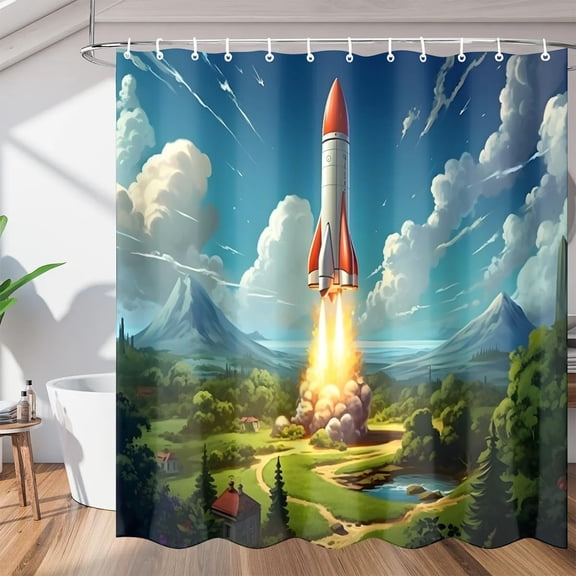 Earth Rockets Print Shower Curtains, Waterproof Fabric, Washable Polyester Bath Curtain for Bathroom Decor with Hooks 72"W x 78"H