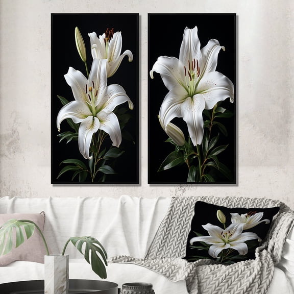 Designart "Lily Exquisite Black White wall decor II" Lilies Framed Wall Art Set Of 2 - Black Floral Gallery Wall Frame Set For Home Decor