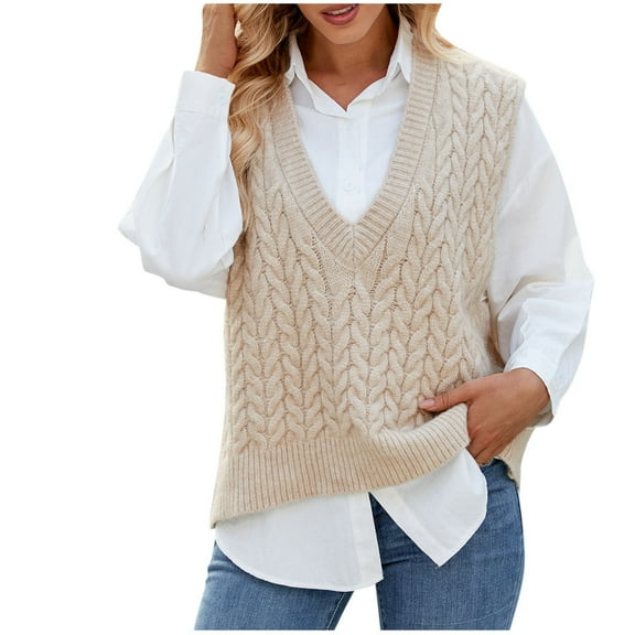 Olyvenn Women Loose V-Neck Sweater Vest, Sleeveless Cable Knit Casual Crop Sweaters Pullover Lightweight Comfy Daily Vest Tops Beige M
