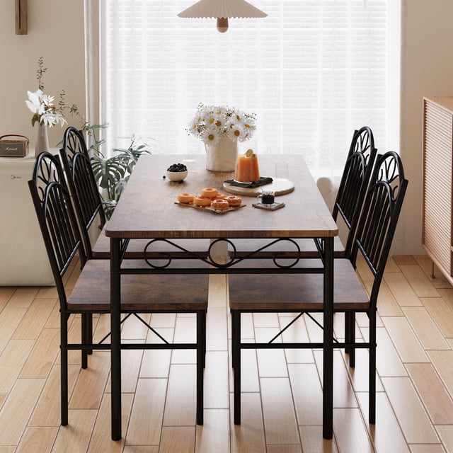 Rustic 4-Piece Dining Table Set, 110 cm (43.4 Inch) Rectangular Kitchen Table with Wooden Tabletop and Metal Legs, Includes 4 Chairs, Small Space Solution for Kitchen or Restaurant