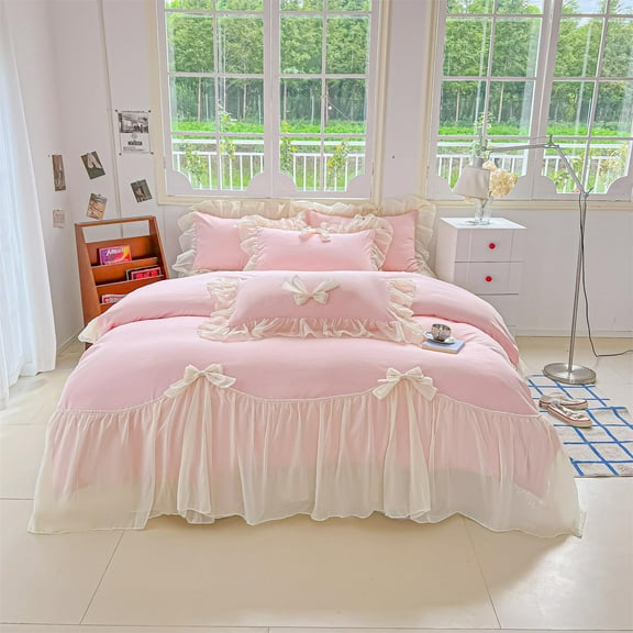 Girls Lace Bedding Set - Pink Full Duvet Cover with 2 Pillowcases, Princess Style