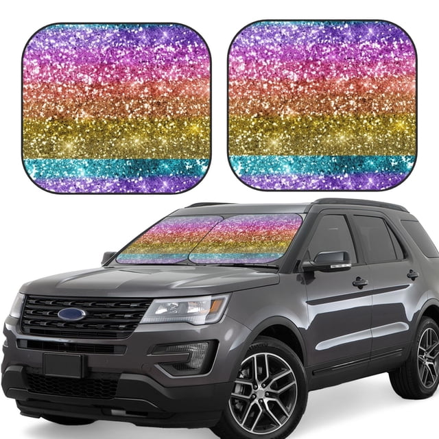 Easygdp Glitter Rainbow for 2 PCS Foldable Car Sun Shade Front Windshield Sun Protection Cover for Car, SUV, Truck-Small