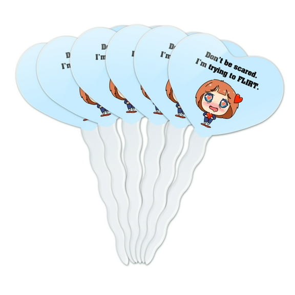 Don't Be Scared I'm Trying to Flirt Kawaii Chibi Heart Heart Love Cupcake Picks Toppers Decoration Set of 6