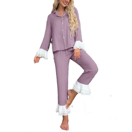

Elegant Lapel Pant Sets Long Sleeve Dusty Purple Womens Pajama Sets (Women s)