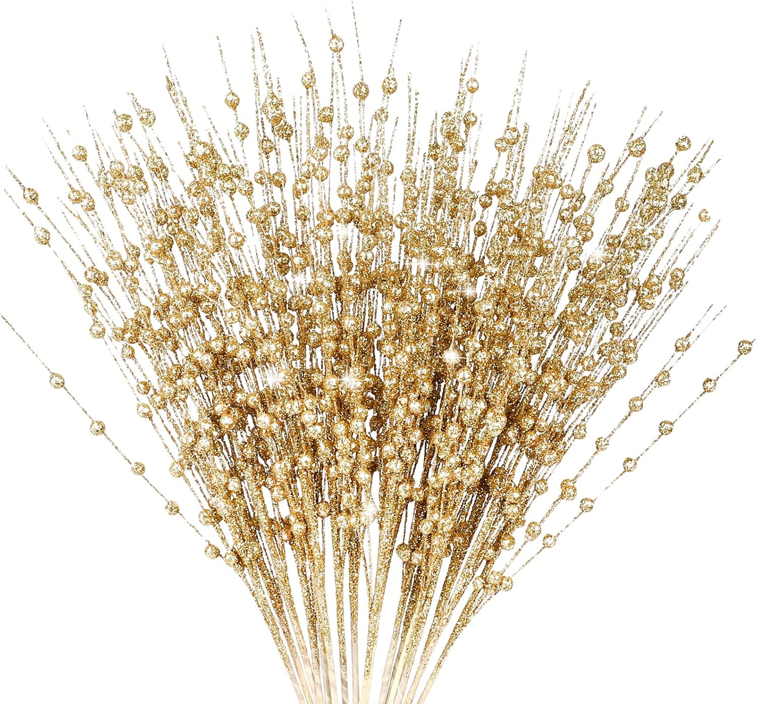 Artificial Glitter Berry Stem Ornaments,Bexikou 17Inch Christmas Artificial Berry Twig Glitter Sticks,Decorative Glitter Sticks for Christmas Tree, Small Vase, Holiday, Wedding, Party(Gold, 24)