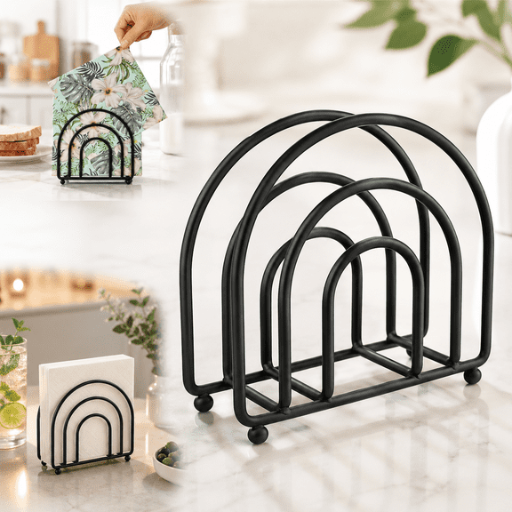 Metal Napkin Holder for Table - No Assembly Matte Black Paper Napkin Holders for Kitchen, Compact Design Cocktail Napkins Hoder Dispenser for Home Countertop, Restaurant & Outdoor Use
