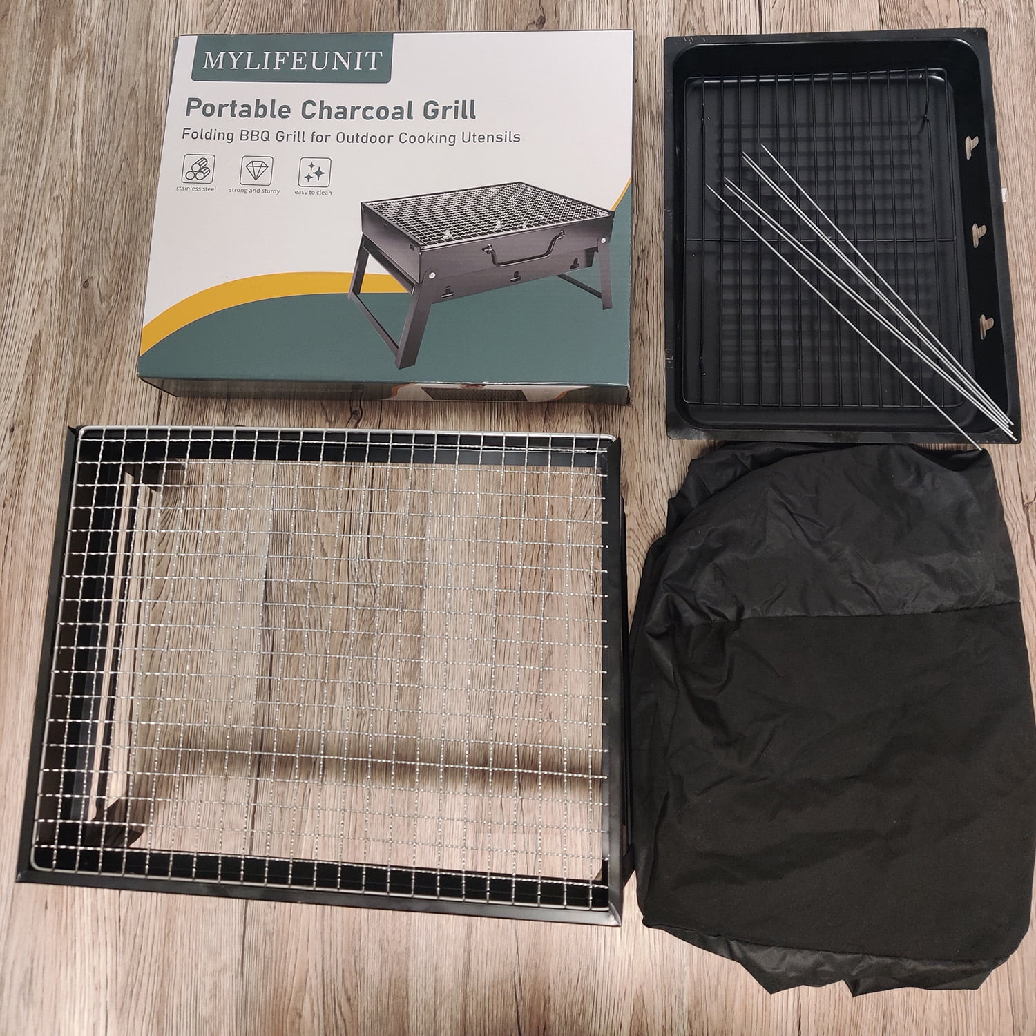 MyLifeUNIT Portable Charcoal Grill Set, Foldable Barbecue Grill with Wire Baskets, Barbecue Branders and Grill Covers