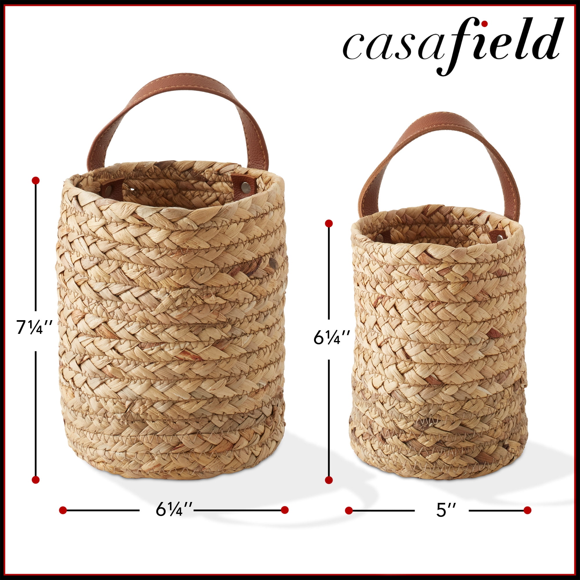 Casafield Set of 2 Wall Hanging Baskets with Handles (Small and Large) - Natural Water Hyacinth, Woven Boho Plant and Flower Storage Pots