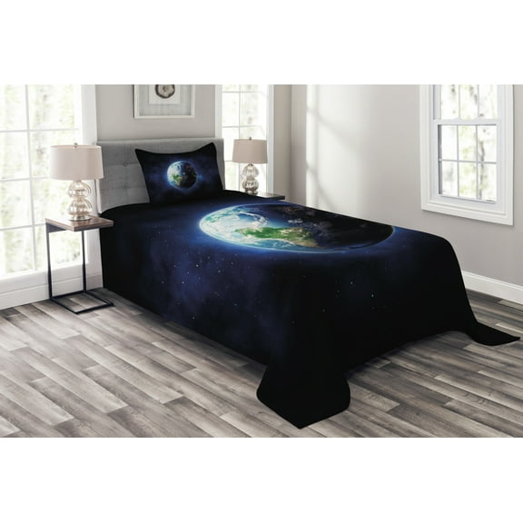 Ambesonne World Quilted Bedspread Set 2 Pcs, Calm Starry Outer Space, Twin Size, Dark Blue Green White