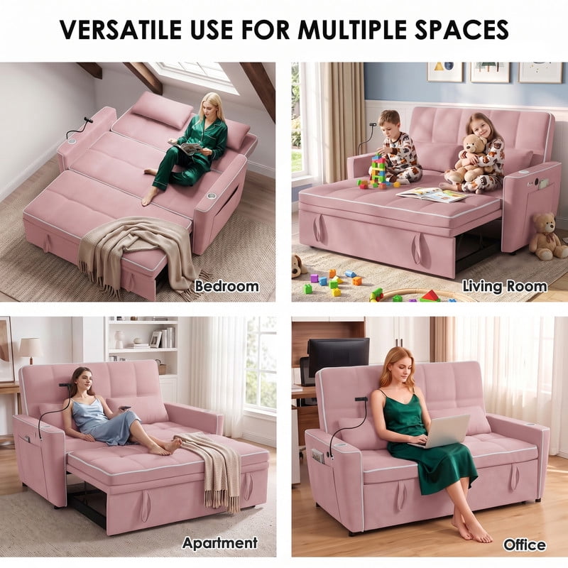 Anpport 54" 3‑in‑1 Convertible Sleeper Sofa Bed, Loveseat with White Trim, USB Charging Port, Phone Stand, 2 Cup Holders and 2 Pillows for Living Room, Bedroom and Apartment, Pink
