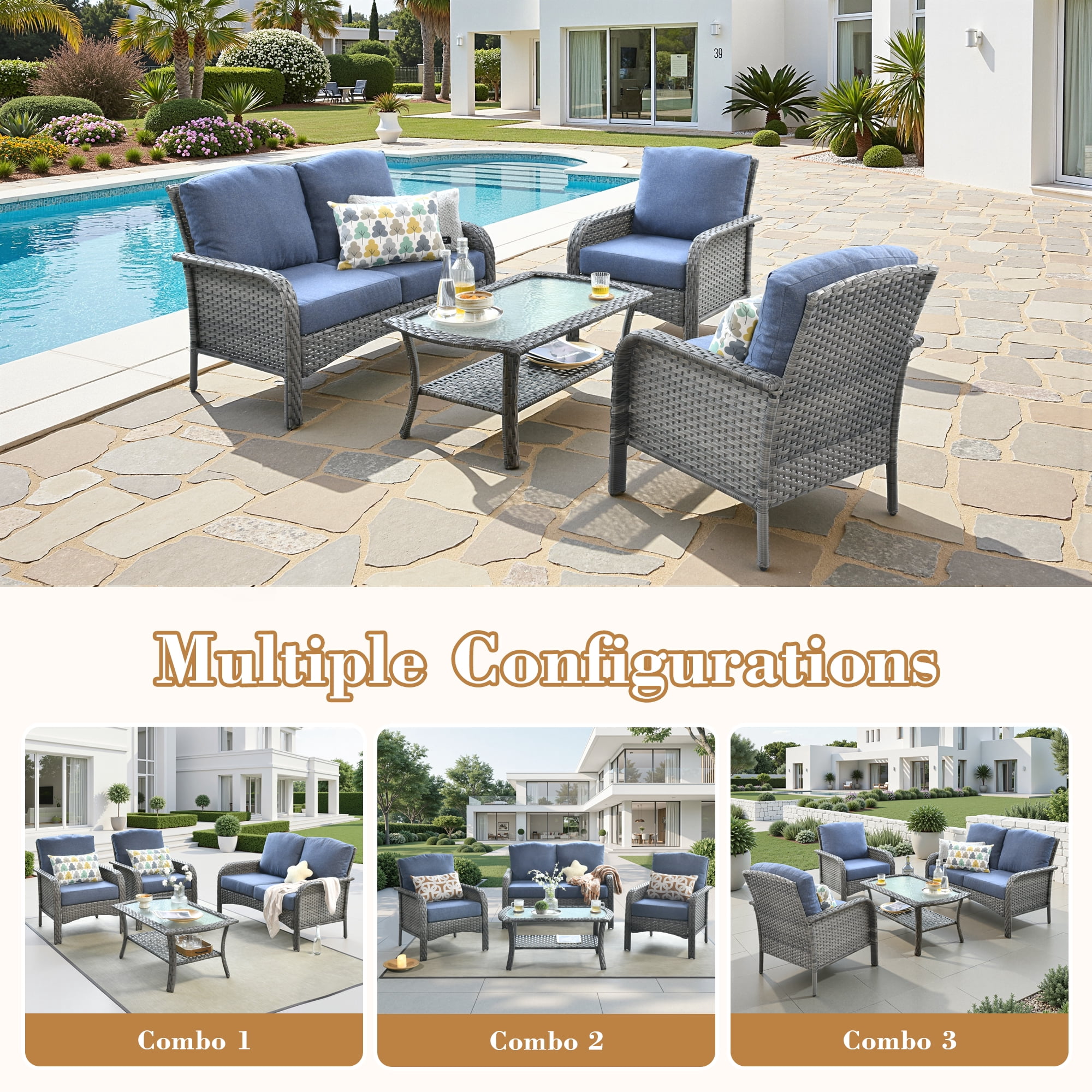 Vcatnet Patio Furniture Sets with Coffee Table 4 Pieces Sectional Sofa Rattan Wicker Outdoor Conversation Set with Loveseat Chair for Porch, Deck, Denim Blue