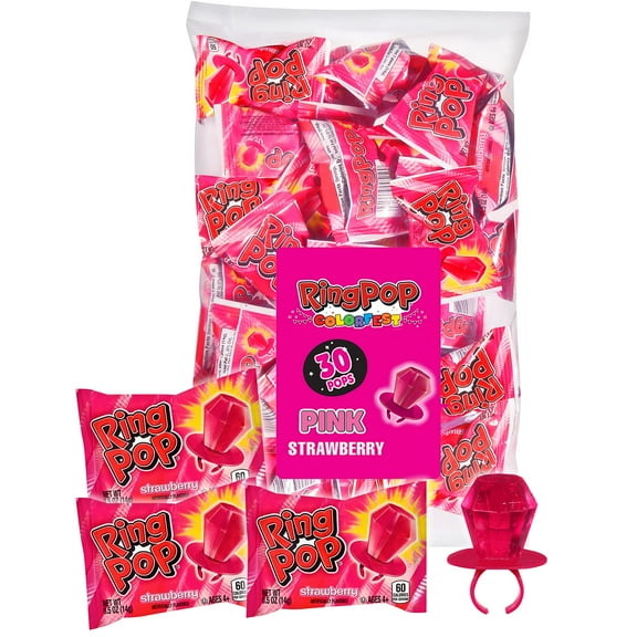 Ring Pop Pink Valentine's BCF26 Candy, Individually Wrapped Pink Lollipops, Strawberry 30 Ct Bulk Suckers for Kids, Fun Candy for Gender Reveals, Valentine's Gifts, Goodie Bags, Party Favors