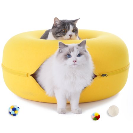 Large Cat Tunnel Bed for Indoor Cats with 3 Toys, Scratch Resistant Donut Cat Bed, Up to 30 Lbs (L 24x24x11, Yellow)