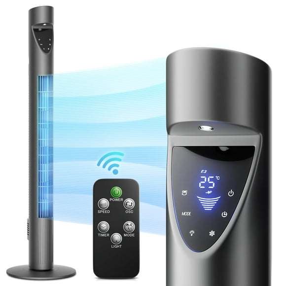 Ventilador tipo torre Mollie oscilante y silencioso con mando a distancia gris 38 pulgadas