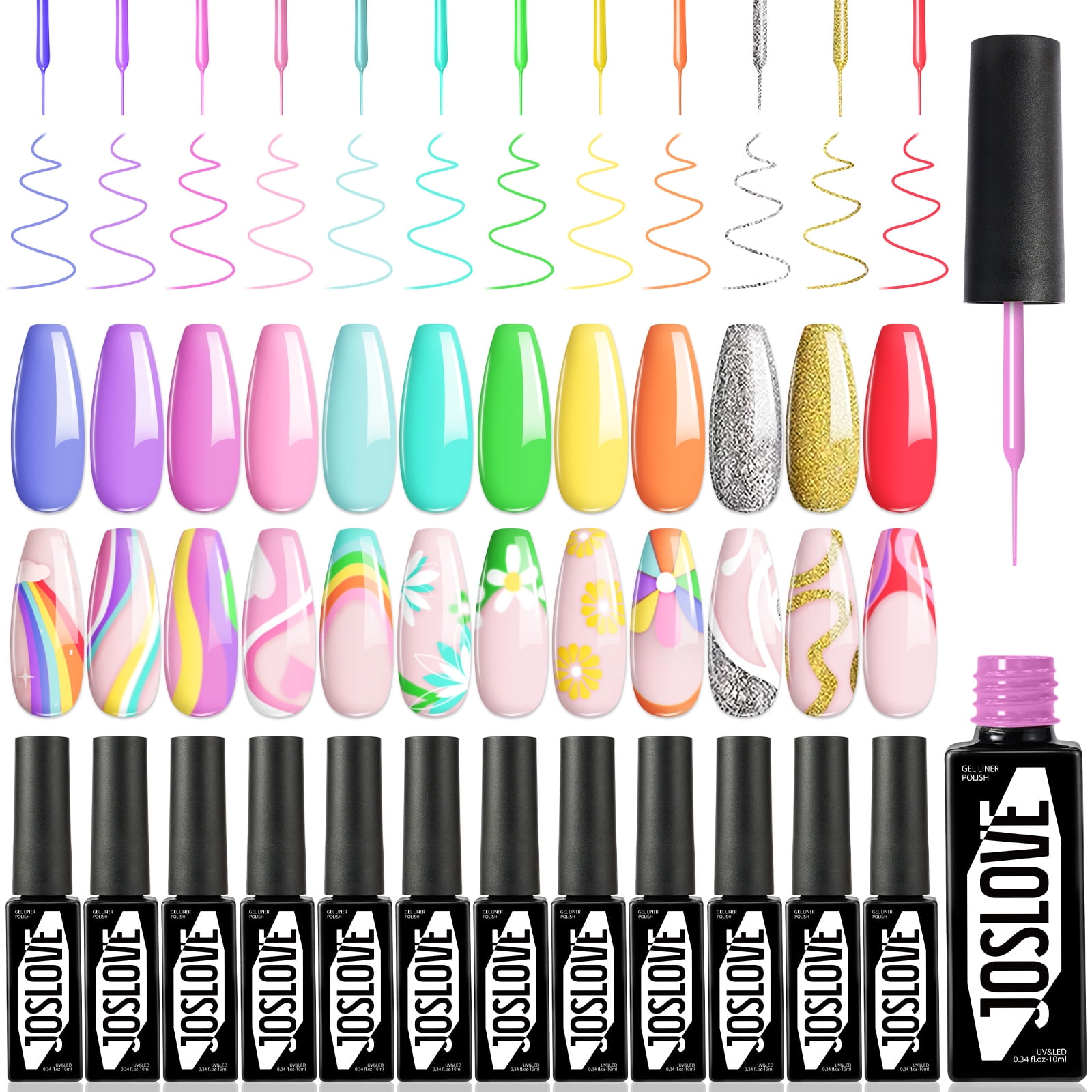 JOSLOVE Gel Nail Polish Set, 12 Colors Pastel Rainbow Summer Gel Liner Nail Polish Kit with Thin