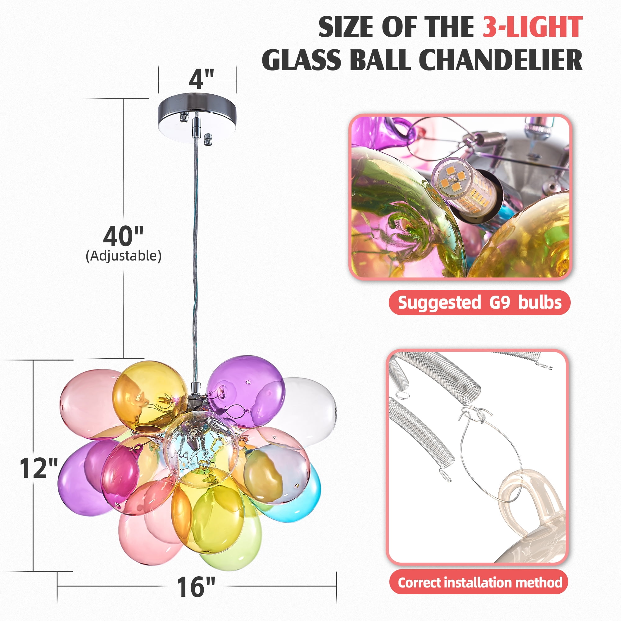 Longree Color Glass Bubble Ball Chandelier, Blown Glass Pendant Light Fixture for Children's Rooms, Bedrooms, Living Rooms - 40x30 inch