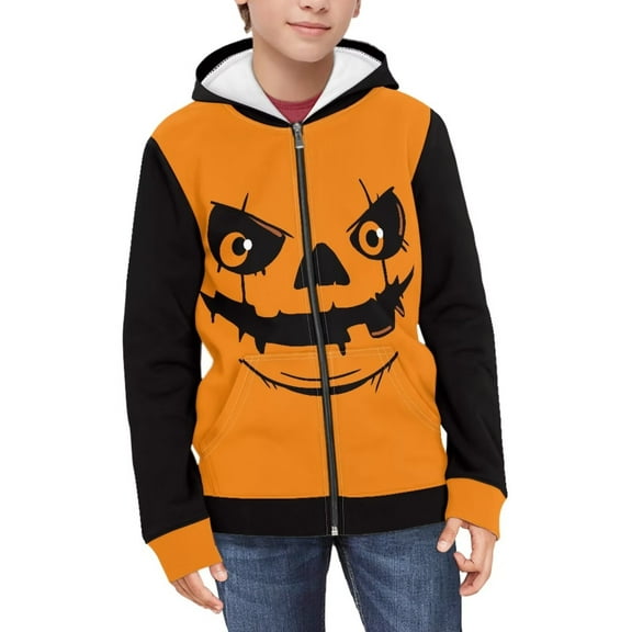 Psesaysky Boys Graphic Zip Up Hoodies Sweatshirt with Pockets Kids Hooded Coat Casual Outerwear Halloween Pumpkin Print 6-7 Years