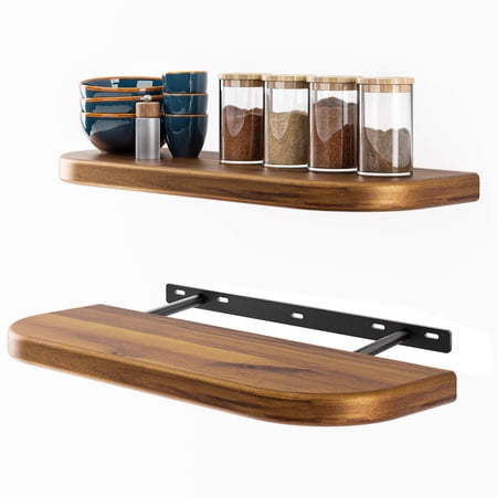 Wood Floating Shelves Wall Mounted (Round Edge) – Rustic Farmhouse Wooden Wall Storage Shelf for Bedroom Kitchen - Brackets and Shelving HardwareHidden Brackets Rustic Style