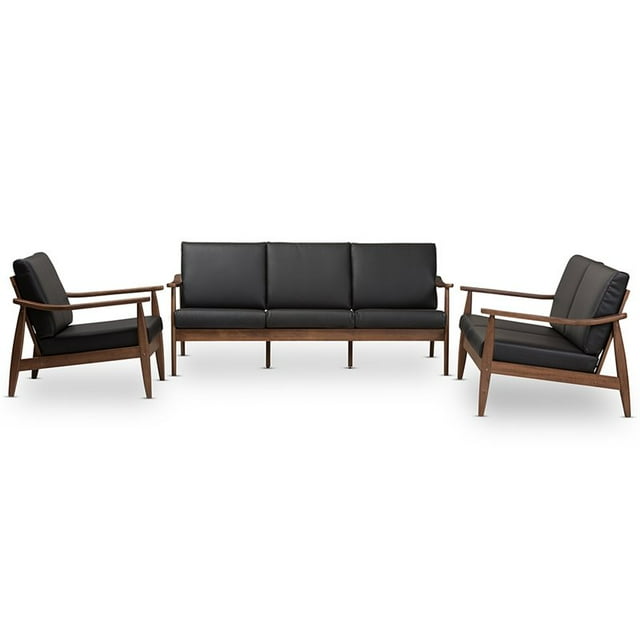 Baxton Studio Venza Ensemble de Canapé Rembourré 3 Pcs en Noir et Marron
