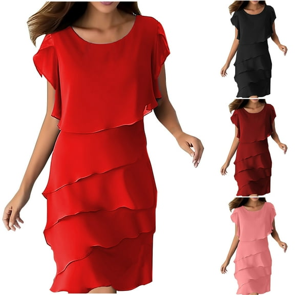 Meichang Women's Wedding Guest Dresses Summer Ruffle Tiered Layered Chiffon Dresses Elegant Petal Short Sleeve Crewneck Cocktail Party Flowy Midi Dress