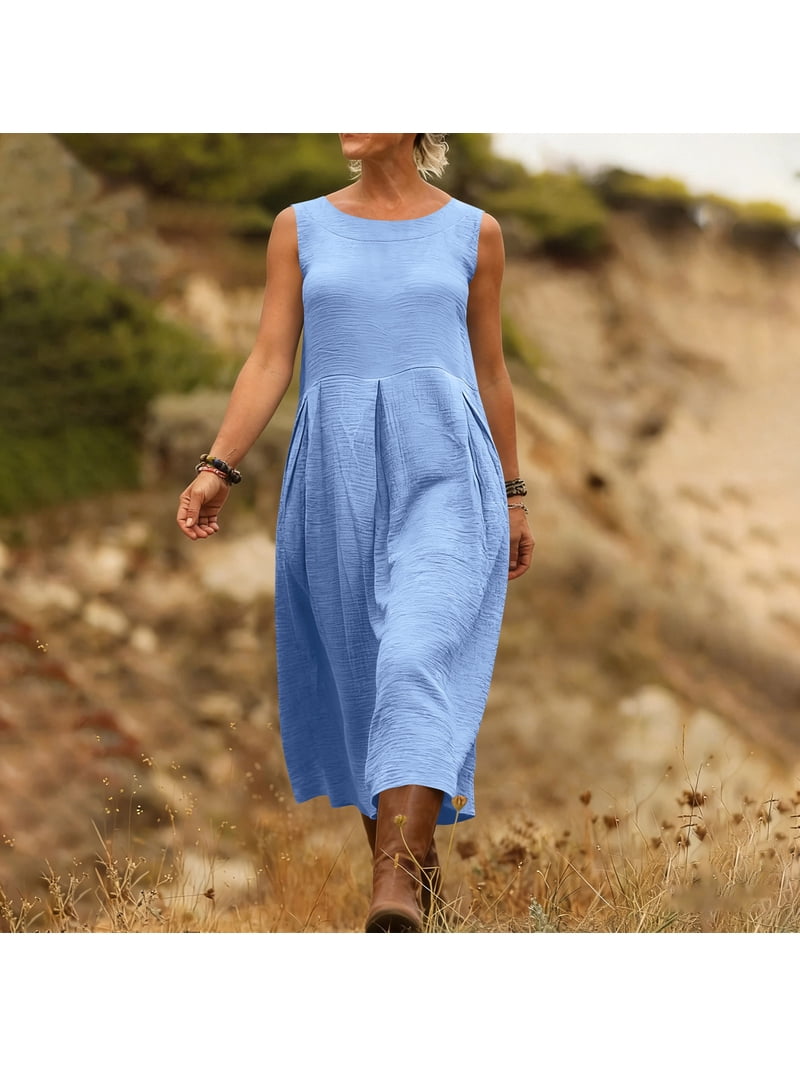 Women's Cotton Linen Dress Sleeveless Loose Dresses Casual Maxi Dress with Pockets Long Dresses for Women