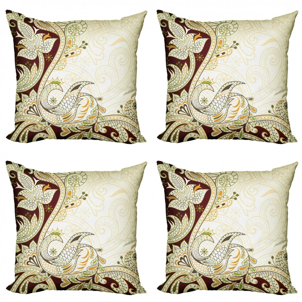 Ethnic Throw Pillow Cushion Case Pack of 4, Oriental Floral Leaf