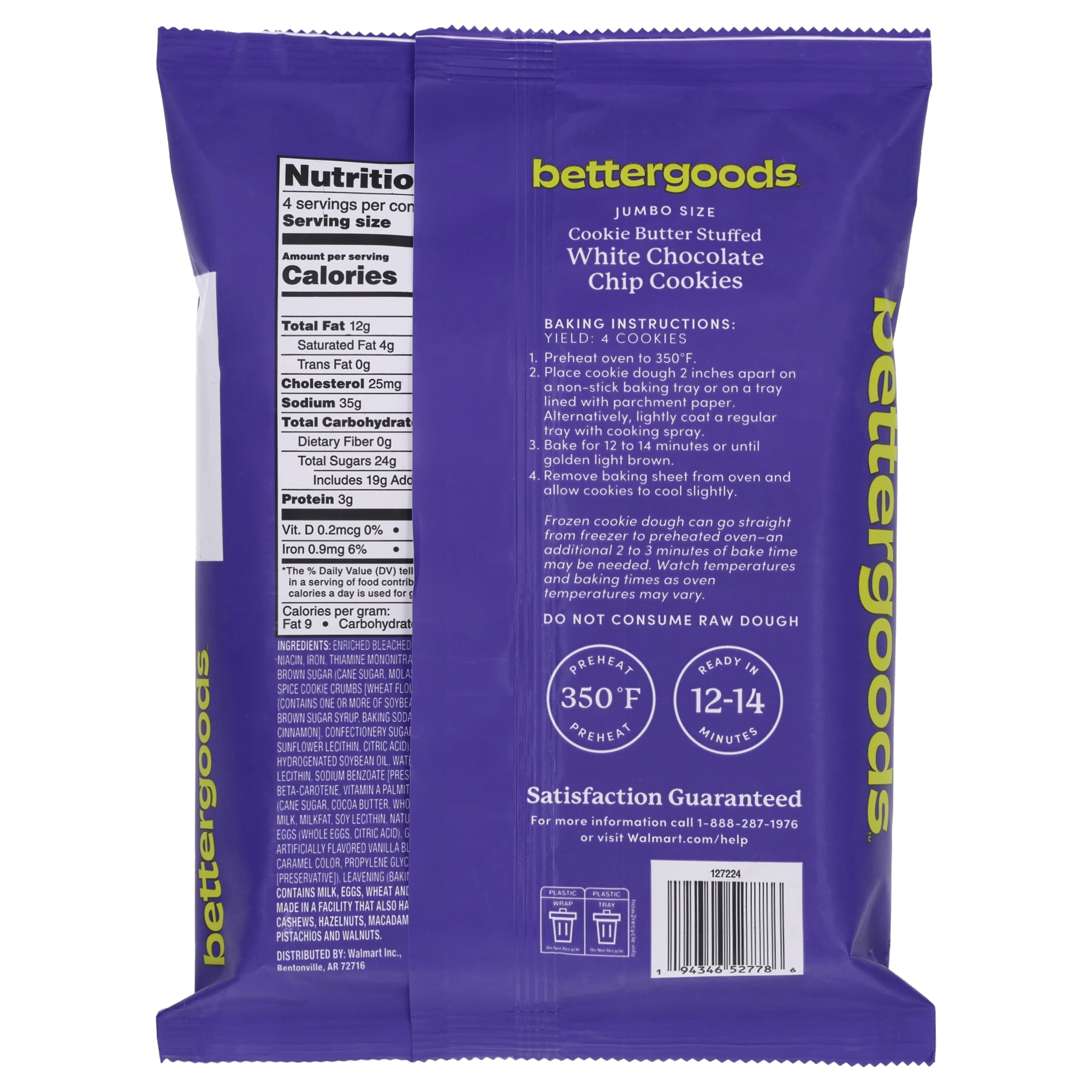 bettergoods Jumbo Cookie Butter-Stuffed White Chocolate Chip Cookie Dough, 3 oz, 4 Count