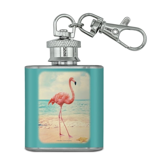 Flamingo on Beach Starfish Retro Stainless Steel 1oz Mini Flask Key Chain