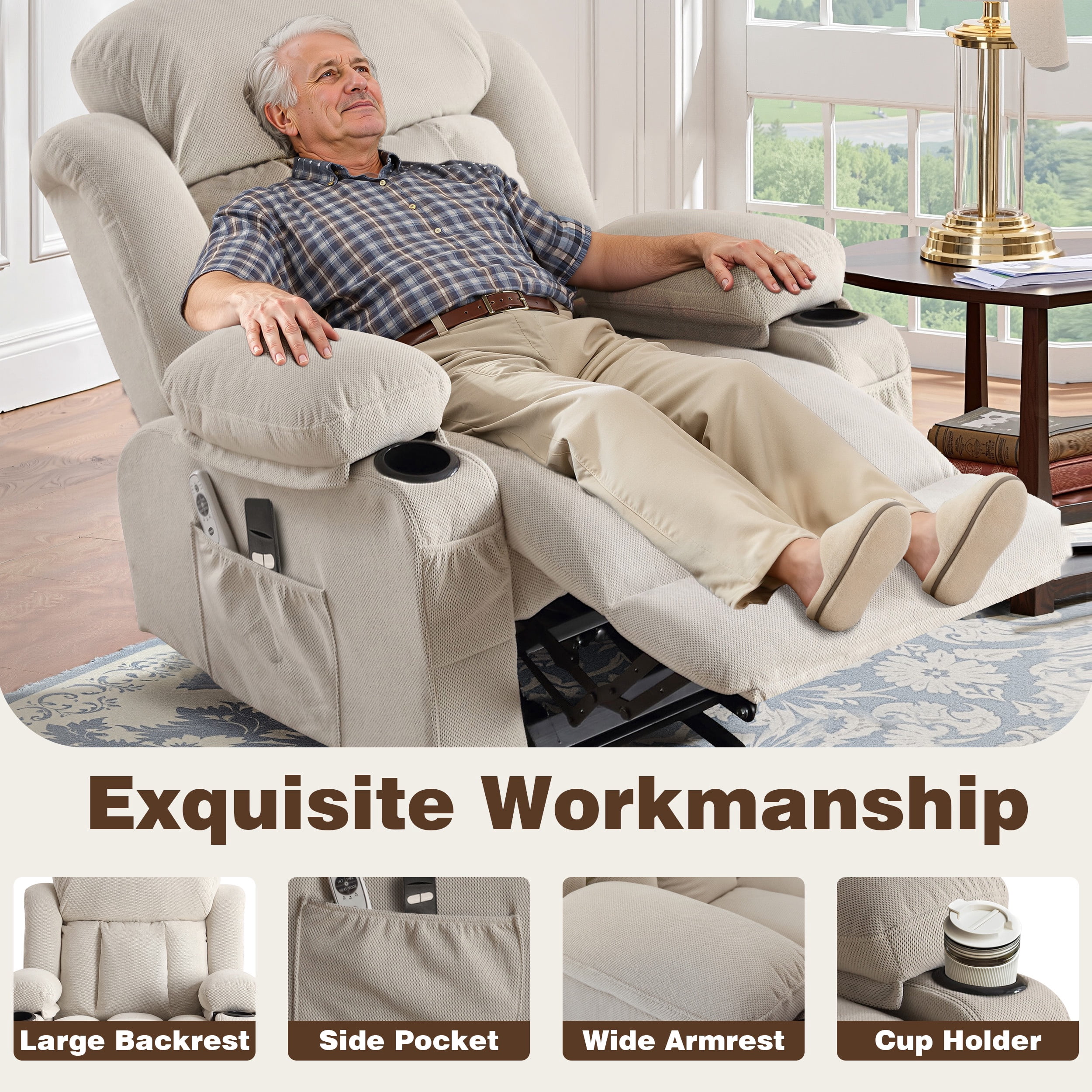 Lift Chair for Elderly, Power Lift Recliner Chair with Heat and Massage, 24.5" Oversized Massage Recliner for Living Room with Remote Control, Cup Holders, Easy Stand, 350lbs Capacity, Beige