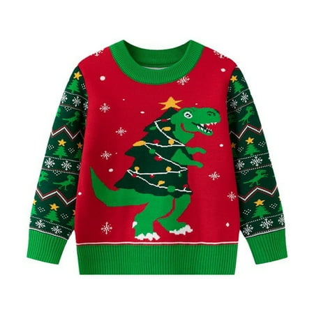 GYRATEDREAM Toddler Girls Boys Christmas Knit Sweater Baby Xmas Crewneck Dinosaur Print Pullover Sweatshirt Knitwear Tops Kids Warm Fall Winter Clothes Green for 3-7Y
